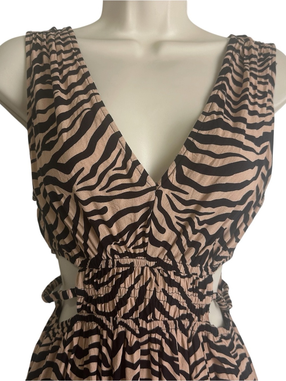 V-Neck Zebra Print Maxi Dress in Beige and Black - Picture 2 of 3